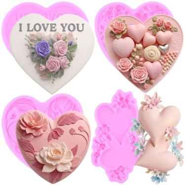 Imagem de MIYAHOUSE Moldes de silicone para fondant rosa em forma de coração para decoração de bolos, topo de cupcake, pasta de goma de chocolate, argila de polímero, conjunto de 4