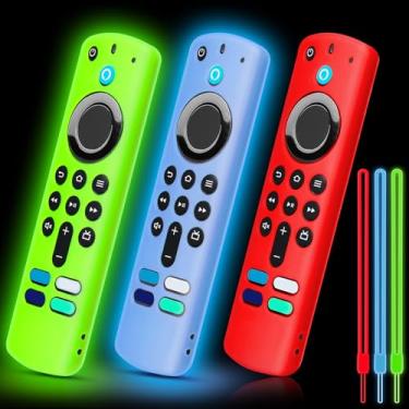 Imagem de Pacote com 3 capas de silicone para controle remoto compatível com FireTV Stick 4K/Alexa Voice Remote 3ª geração, capa protetora antiderrapante com cordão colorido que brilha no escuro (verde