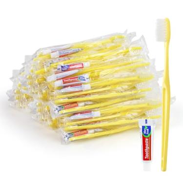 Imagem de HOIQIRY Escovas de dentes descartáveis amarelas com pasta de dente – Pacote com 100, kit de escovas de dentes individuais embaladas individualmente para viagem a granel para desabrigados, convidados