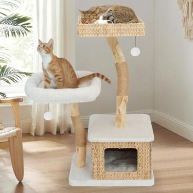 Imagem de KULAMOON Torre de árvore moderna para gatos em ambientes internos – condomínio de madeira maciça de vários níveis com cavernas, 2 poleiros grandes, postes para arranhar, brinquedo de pendurar para