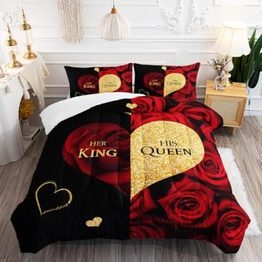 Imagem de AILONEN Conjunto de edredom vermelho e dourado, rosa vermelha 3D, tamanho Queen, romântico, 1 colcha com 2 fronhas, 3 peças, macio e leve