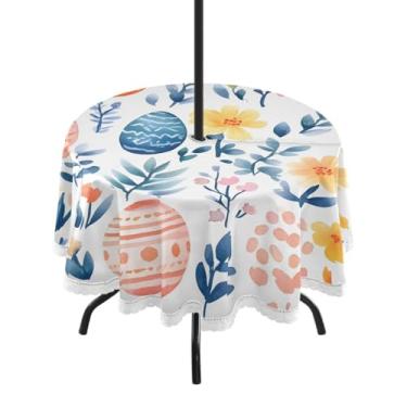 Imagem de Blueangle Toalha de mesa redonda impermeável com ovos coloridos de Páscoa de 152 cm com orifício para guarda-chuva - Tecido resistente à prova de sol para todos os climas para pátio, acampamento