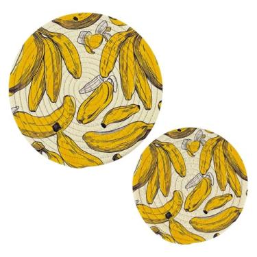 Imagem de Blueangle 2 peças de suporte de panela com estampa de banana - conjunto de pegadores de panela de tecido redondo - almofadas quentes trançadas de algodão - porta-copos - tapetes de mesa para cozinhar