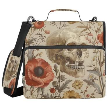 Imagem de SEHANY Fichário com zíper de caveira e flor com alça de ombro, capacidade para 500 folhas, vários bolsos, fichário com 3 anéis e zíper de 3 anéis