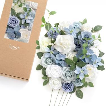 Imagem de Ling's moment Caixa de flores falsas, videira sintética de menta artificial, espumante, rosa, flor de seda para centros de mesa, buquê, arranjos florais de casamento, chá de panela, azul empoeirado e