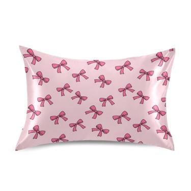 Imagem de SEHANY Capas de almofada de seda com laço rosa para cabelo e pele, capas de almofada de cetim respiráveis macias e refrescantes com fecho de envelope, tamanho king (50,8 x 101,6 cm)