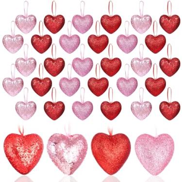 Imagem de Silipull 24 peças de enfeites de coração vermelho e rosa com glitter em forma de coração ornamentos para pendurar no dia das mães, árvore de Natal, aniversário, festa de casamento, decoração de mesa