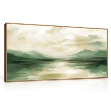 Imagem de FWIEXA Conjunto de 3 arte de parede abstrata em tela verde sálvia, pintura de paisagem branca bege emoldurada, impressões de montanha em aquarela neutra, impressões de lago, montanhas da natureza