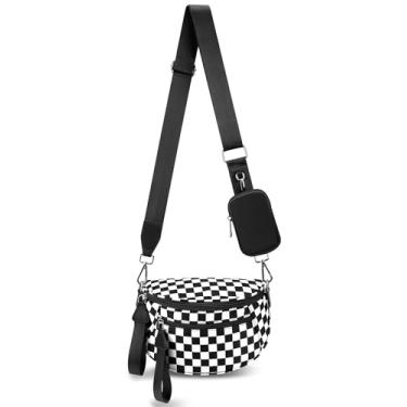 Imagem de MIVELOYA Bolsa transversal quadriculada para mulheres, pochete de nylon quadriculada espaçosa com bolsa de moedas RFID para uso diário e viagens, Preto e branco, Large