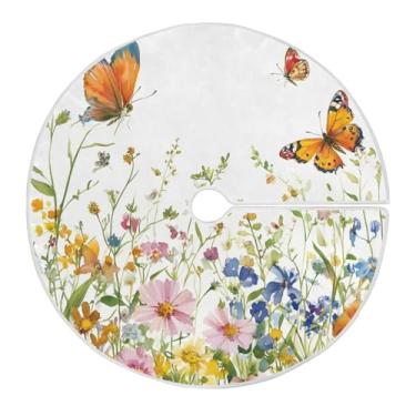 Imagem de Qilmy Saia de árvore de Natal de flores silvestres e borboletas 120 cm, camurça para árvore de Natal, adequada para decoração de armário em ambientes internos e externos, festas, escritórios, lojas