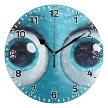 Imagem de WELLDAY Relógio de parede sem tique-taque 25,4 cm - lindos olhos de desenho animado azul operado por bateria relógio redondo silencioso para casa/escritório/cozinha/sala de aula