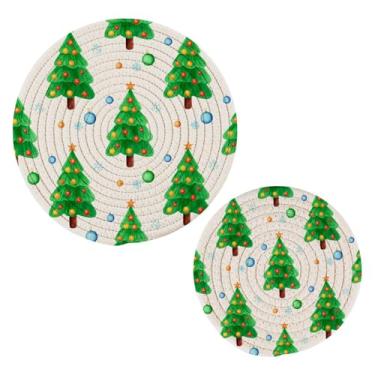 Imagem de Wassud Conjunto de trivet de árvore decorado para pratos quentes, suportes redondos de algodão, almofadas quentes, porta-copos elegantes, decoração de cozinha e acessórios, 2 peças