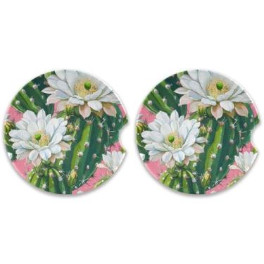 Imagem de CEBUGI 2 peças de porta-copos de carro para porta-copos de carro de cerâmica de 6,3 cm com entalhe de dedo absorvente porta-copos de copo de carro de flor de cacto para mulheres e homens