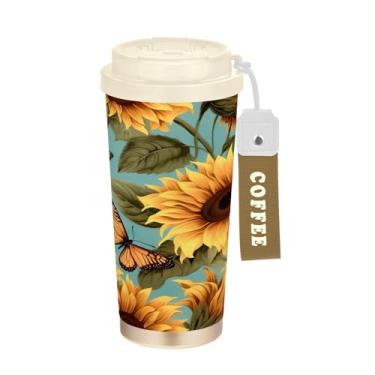 Imagem de Wassud Caneca de café de viagem isolada borboleta de girassol copo à prova de vazamento com tampa e canudo garrafa de água de aço inoxidável para café quente/gelo, chá e cerveja