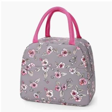 Imagem de Bolsa Térmica Marmita Lancheira Conservação de Alimentos Faculdade Trabalho Passeio Estampa Rosas cinza