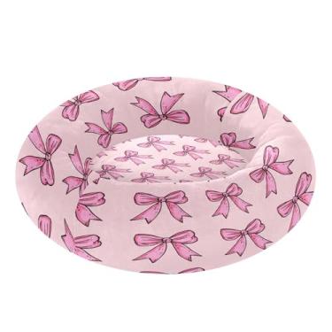 Imagem de SEHANY Cama fofa para cachorro rosquinha com laço rosa removível e lavável, pequena cama redonda para gatos, cama fofa super macia para animais de estimação com fundo antiderrapante para cães pequenos