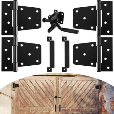 Imagem de LEIFIDE 7 peças de ferragens para portões resistentes, kit de ferragens resistentes, 4 dobradiças, 1 trava de porta de celeiro e 2 puxadores de metal, conjunto de portão de cerca de aço revestido