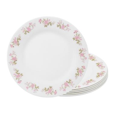 Imagem de Jogo 6 Prato Raso De Vidro Branco Flowers Pink 25,5cm Em Casa Tem