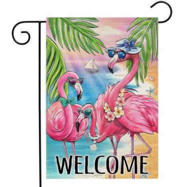 Imagem de RAORAOYUE Bandeira de jardim flamingo de verão 30,5 x 45,7 cm, dupla face, bem-vinda, sazonal, feriado, serapilheira, para decoração de festa ao ar livre no Havaí