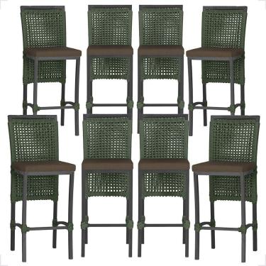 Imagem de 8 Banquetas Em Alumínio Roma Preta Corda Náutica Tecido 9 Verde