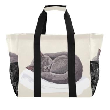 Imagem de ODAWA Bolsa de compras de lona durável de gato cinza para compras de supermercado e férias, bolsa de praia à prova d'água para piscina, Gato cinza, One Size