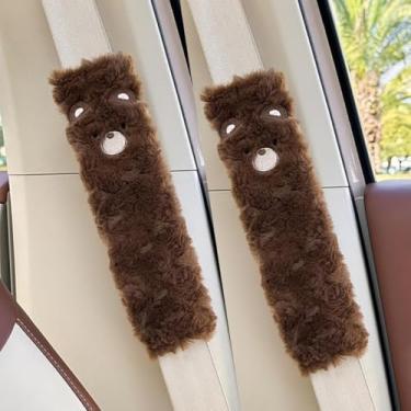 Imagem de 2 capas de cinto de segurança de carro, capa protetora fofa de pelúcia de inverno, bonita e prática, adequada para todos os cintos de segurança (urso)