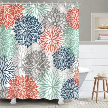 Imagem de RosieLily Conjunto de cortinas de chuveiro floral dália com 12 ganchos cortinas de chuveiro de flores azul-petróleo e cinza verde turquesa mandala floral decoração de banheiro, 183 cm L x 213 cm A