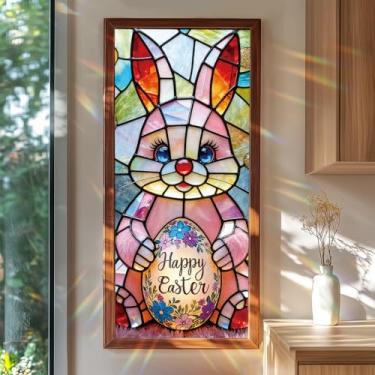 Imagem de SHENGYUMY Coelhinho da Páscoa Película para janela 100 x 39 x 39 cm estilo vitral feliz ovo de Páscoa coelho decoração de janela estática para painéis de janela de vidro