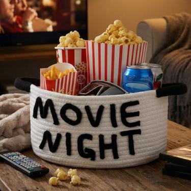 Imagem de Yungyan Cesto de noite de cinema com alças, suprimentos para noite de cinema, bandeja de lanche, cesta de corda de algodão, armazenamento de presentes para teatro, pipoca, balde, tigela, recipiente