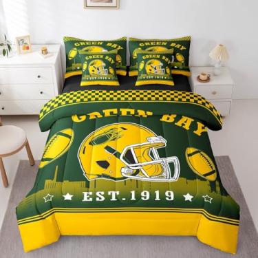 Imagem de Jogo de cama King com lençol de cima, 7 peças, para crianças, adolescentes e adultos, conjunto de cama rubi verde amarelo com fronhas (Green Bay)