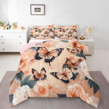 Imagem de Erosebridal Conjunto de cama casal de borboletas elegantes para meninas, conjunto de edredom elegante, coquete, floral, primavera, jardim, ramos, enchimento de edredom para mulheres, adolescentes e
