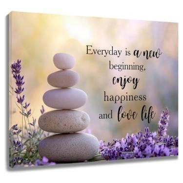 Imagem de LB Arte de parede Zen Stones Flor de lavanda roxa com decoração de parede de banheiro inspiradora Yoga Relax Cottage Impressão em tela emoldurada para sala de estar quarto cozinha escritório, 30,5 x