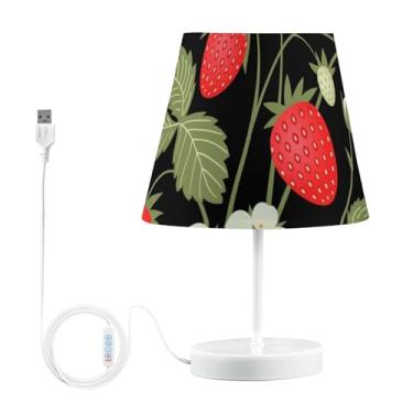 Imagem de GAIGEO Candeeiro de mesa de cabeceira USB com desenho personalizado, regulável, floral, vermelho, morango, preto para mesinhas noturnas, lâmpada de LED quente, decoração de quarto de crianças