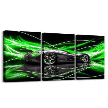 Imagem de jejeloiu Arte de parede em tela de carro de corrida infantil para sala de estar quarto carro esportivo velocidade decoração de parede para banheiro verde crianças meninos meninas arte pôsteres pintura