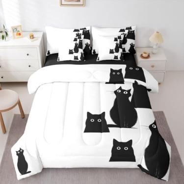 Imagem de Erosebridal Jogo de cama casal fofo de gato preto, 7 peças, para meninos e meninas - Conjunto de edredom infantil kawaii, gatos pretos engraçados, com lençol para amantes de gatos, gatinhos kawaii