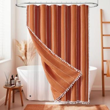 Imagem de BTTN Cortina de chuveiro 3 em 1 com forro, conjunto de cortina de chuveiro de linho listrado boho laranja queimado com gancho de plástico, cortina de chuveiro de tecido impermeável para banheiro, 182