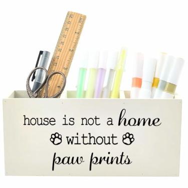 Imagem de CRASPIRE Porta-lápis de madeira com estampa de pata retangular bege palavras House is Not a Home Without Paw Prints Dog Display Organizer Stand para caneta, lápis, régua, pincel de maquiagem