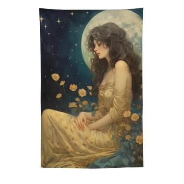 Imagem de Tapeçaria sonhadora lua cheia cabelo encaracolado menina em vestido dourado arte de parede boho celestial quarto decoração suave romântica cena noturna com flores silvestres amarelas e céu estrelado