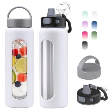 Imagem de Kodrine Garrafa de água de vidro de 680 g com canudo - 2 tampas - Garrafa de vidro de entrada diária reutilizável com medidas, manga de silicone, marcador de tempo, suporte de copo para casa, academia