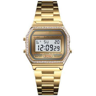 Imagem de PASOY Relógio masculino digital dourado de aço inoxidável, retroiluminado, multifuncional, cronômetro à prova d'água, Dourado com bisel de cristal, Medium, Digital