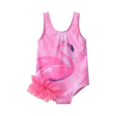 Imagem de Maiô Infantil Rosa Com Estampa De Flamingo Em Tule Com Babados, Roupa 