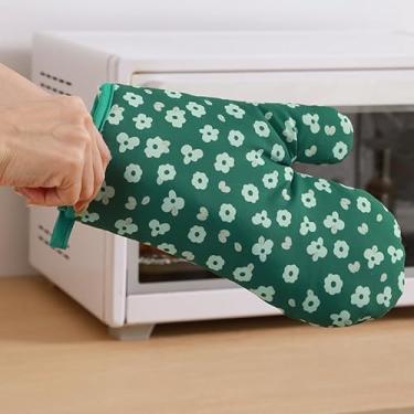 Imagem de Luvas de forno forradas de algodão – Luvas de micro-ondas resistentes ao calor para cozinhar e assar na cozinha, luvas domésticas isoladas (verde)