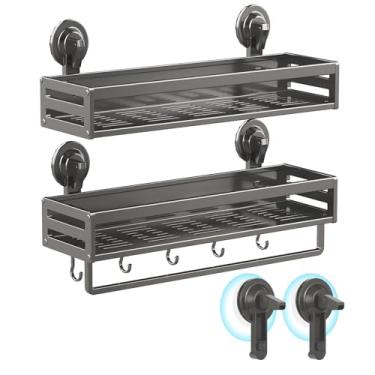 Imagem de Suporte para chuveiro, ventosa de 39,9 cm, pacote com 2, prateleiras de chuveiro com ganchos sem perfuração, organizador de banheiro à prova de ferrugem, cinza escuro