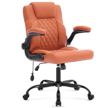 Imagem de Cadeira de escritório com suporte lombar inflável, cadeira de mesa de computador ergonômica de couro com braços dobráveis, trava de inclinação ajustável, cadeira executiva de PC giratória para