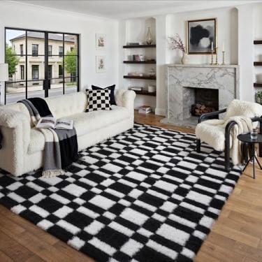 Imagem de HUGEAR Tapete quadriculado 22 x 30,5 cm para sala de estar, preto e branco, moderno, felpudo, super macio, lavável, tapete felpudo para ambientes internos e aspiráveis para quarto, casa, dormitório
