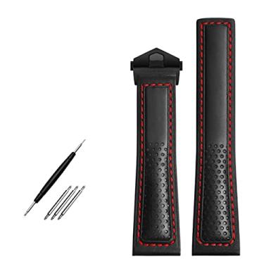 Imagem de AHGDDA Pulseira de relógio de couro de vaca 22 mm para tag Heuer Fiyta Tissot pulseira de relógio pulseira de couro genuíno pontos vermelhos (cor: preto vermelho-preto, tamanho: 22 mm)