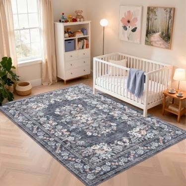 Imagem de GarveeHome Tapete de área vintage lavável 7,5 x 12,7 cm para sala de estar, quarto, boho, botânico, antiderrapante, com bordas de flores, tapetes florais para sala de jantar, escritório, corredor