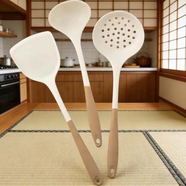 Imagem de Conjunto de utensílios de cozinha em dois tons, conjunto de espátula e concha de silicone antiderrapante durável, fácil de segurar, cabo ergonômico para cozinhar, mexer e servir (branco e marrom)