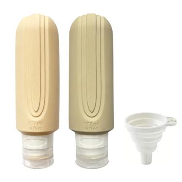 Imagem de Pacote com 2 frascos de silicone de 170 g com funil dobrável, conjunto de frascos de licor recarregáveis à prova de vazamento, frascos portáteis sem BPA para viagens, acampamento e festas (areia +
