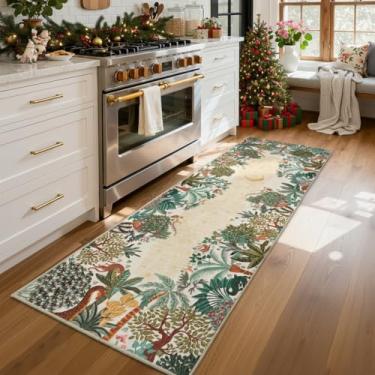 Imagem de GarveeHome Tapete de corredor lavável na selva de 5 x 15 cm para cozinha, tapete de corredor macio com estampa de animal antiderrapante, bege, tapete de entrada para casa de fazenda, tapete resistente